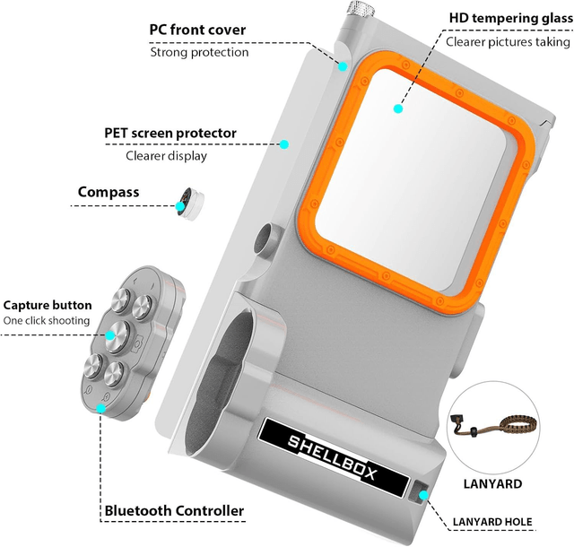 Caisson Étanche Shellbox Pro-Go – Boîtier de Plongée avec Télécommande Bluetooth & Lampe Intégrée – Compatible iPhone 16/15/14/13 & Samsung S24/S23