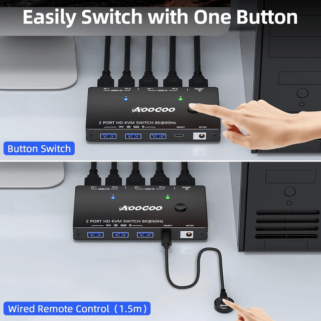 Commutateur KVM HDMI 8K ACOCOO – Double PC avec USB 3.0 & Câble d’Alimentation Inclus