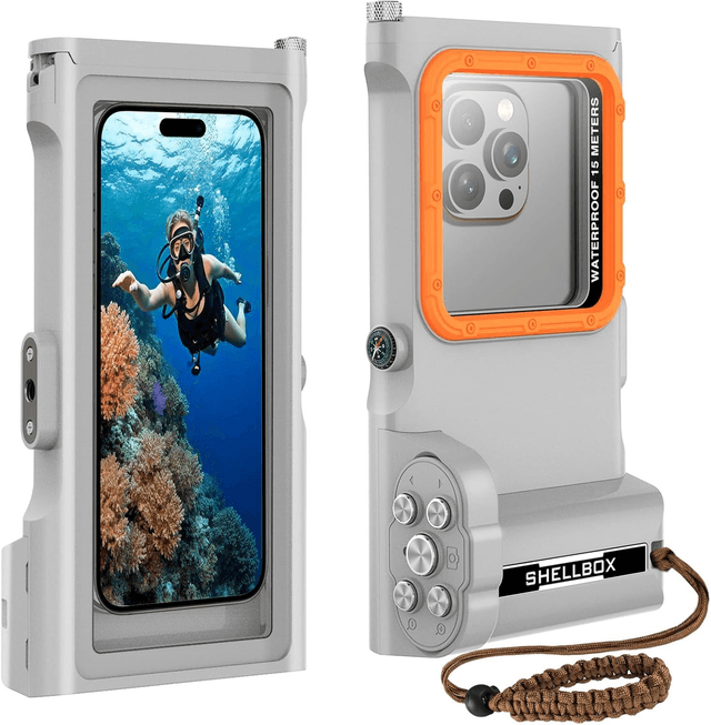 Caisson Étanche Shellbox Pro-Go – Boîtier de Plongée avec Télécommande Bluetooth &amp; Lampe Intégrée – Compatible iPhone 16/15/14/13 &amp; Samsung S24/S23