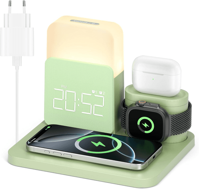 Station de Charge 3-en-1 COSLUS – Charge Sans Fil 15W, Réveil Lumineux &amp; Lampe de Chevet (Vert)