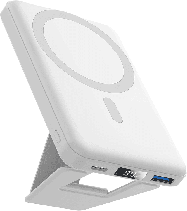Batterie Externe Magnétique 10000mAh – Charge Rapide 22.5W, Affichage LED et Support Pliable, Compatible iPhone 17/16/15/14/13/12 Séries – Blanc