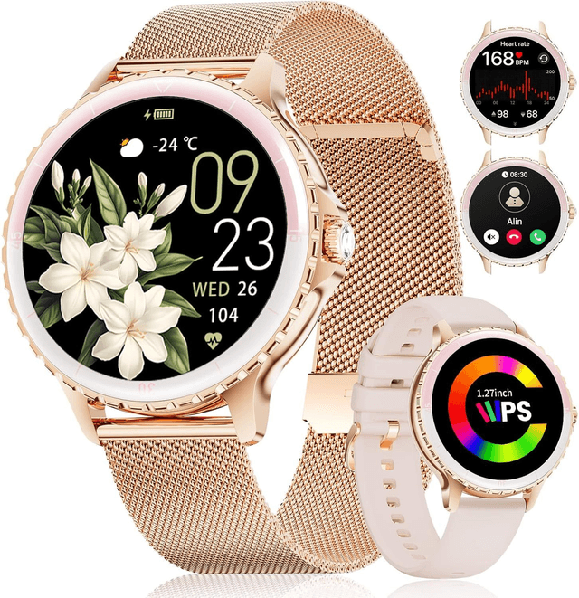 Montre Connectée Femme Dorée – Acier Inoxydable, Appel Bluetooth, Suivi Cardiaque &amp; Sommeil, +100 Modes Sport 🌸