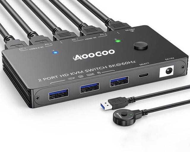 Commutateur KVM HDMI 8K ACOCOO – Double PC avec USB 3.0 &amp; Câble d’Alimentation Inclus