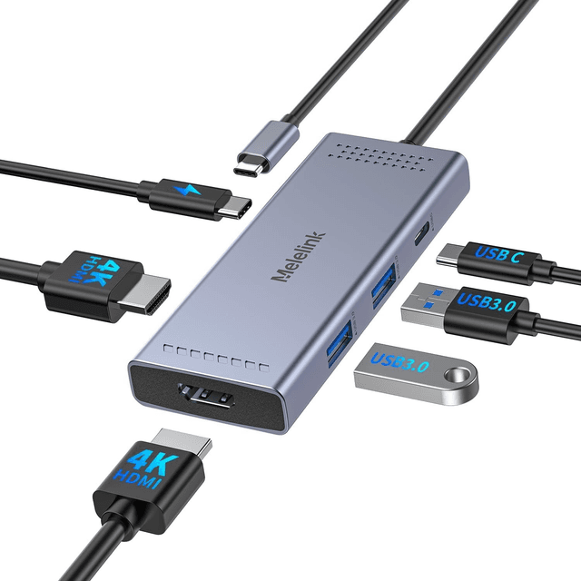 Hub USB-C 6-en-1 Melelink – Adaptateur Multiports avec HDMI 4K, 3 USB 3.0 et Charge Rapide 100W PD pour MacBook, Dell, HP, Lenovo