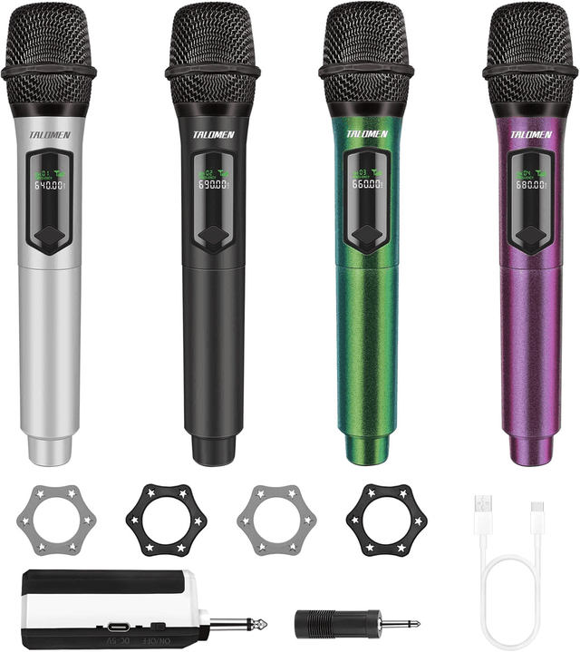 TALOMEN K60 – Kit 4 Micros Sans Fil 2,4 GHz avec Récepteur (50 m) – Karaoké &amp; Fête