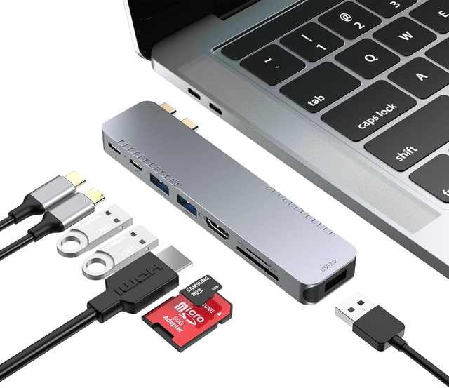 Hub USB-C 8-en-2 pour MacBook Pro &amp; Air – HDMI 4K, Thunderbolt, USB 3.0/2.0, SD/TF, PD 100W
