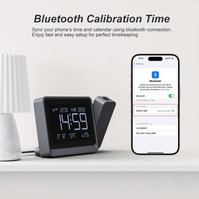 Horloge de Projection Numérique 180° – Double Alarme, Température, Bluetooth & Fonction Snooze