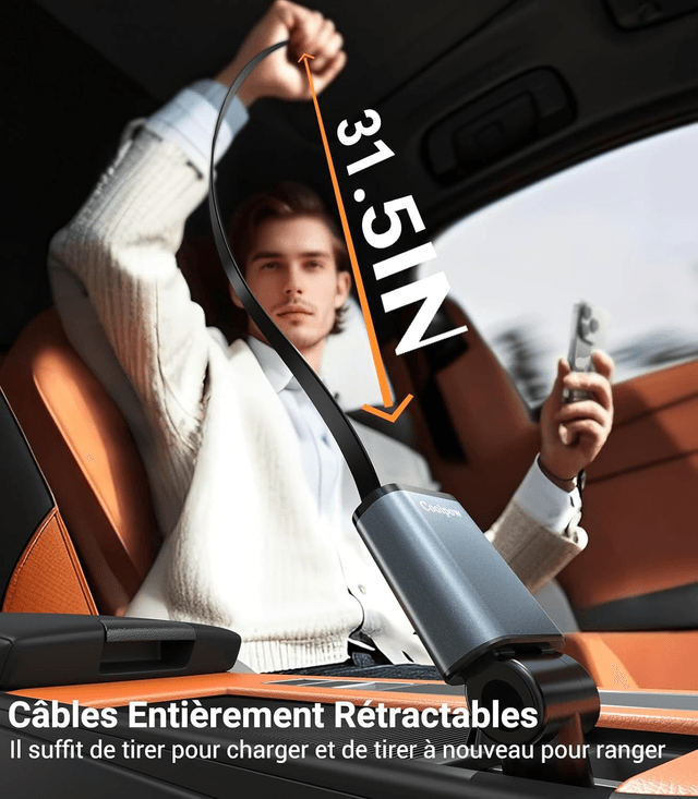 Chargeur Voiture Rétractable USB-C/USB-A – Charge Rapide 45W Coolpow (Allume-cigare)