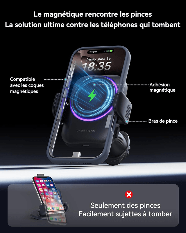 INIU Support Téléphone Voiture Qi2 15W MagSafe avec Ventilateur & LED