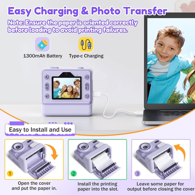 Caméra Photo Instantanée Enfant VSTEXN – 1080p, 48MP, Impression Thermique + SD 32Go & 3 Rouleaux Papier (Violet)