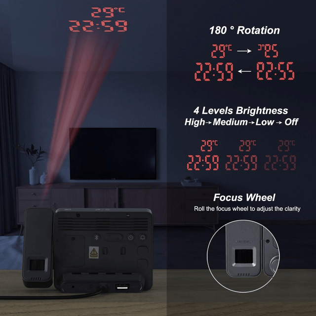 Horloge de Projection Numérique 180° – Double Alarme, Température, Bluetooth & Fonction Snooze