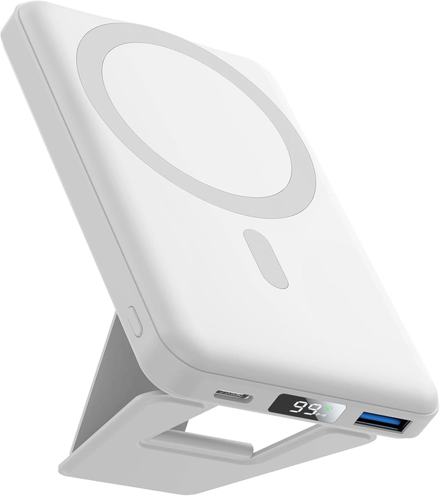 Batterie Externe Magnétique 10000mAh – Charge Rapide 22.5W, Affichage LED et Support Pliable, Compatible iPhone 17/16/15/14/13/12 Séries – Blanc