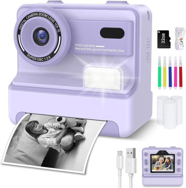 Caméra Photo Instantanée Enfant VSTEXN – 1080p, 48MP, Impression Thermique + SD 32Go & 3 Rouleaux Papier (Violet)
