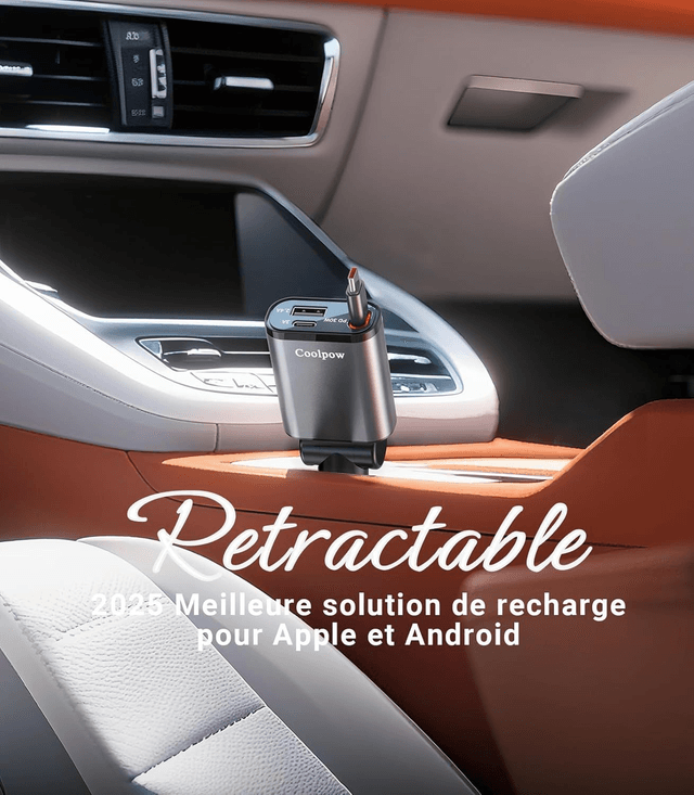 Chargeur Voiture Rétractable USB-C/USB-A – Charge Rapide 45W Coolpow (Allume-cigare)