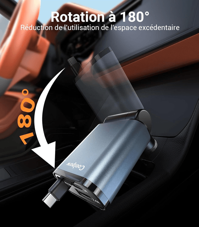 Chargeur Voiture Rétractable USB-C/USB-A – Charge Rapide 45W Coolpow (Allume-cigare)