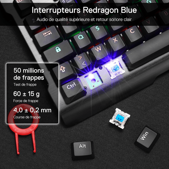 Clavier Mécanique Redragon K561 – Filaire USB, AZERTY Français, RGB Dynamique, Switchs Bleus