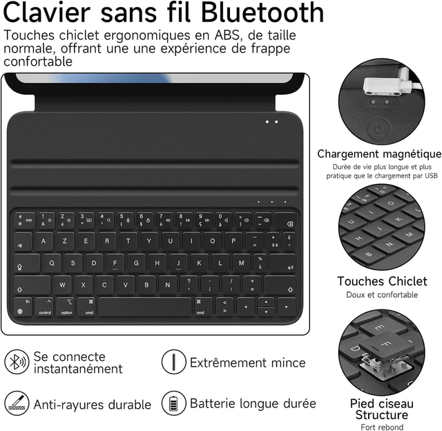 Étui Clavier Magnétique pour iPad Air 11" / iPad Pro 11" (2025–2018) – AZERTY, Smart Folio Ultra-Mince, Noir