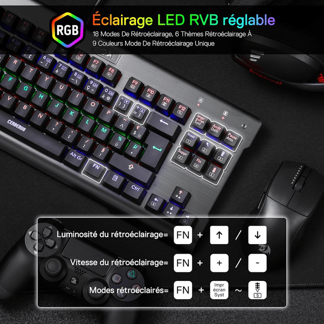 Clavier Mécanique Redragon K561 – Filaire USB, AZERTY Français, RGB Dynamique, Switchs Bleus