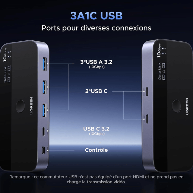 UGREEN KVM Switch USB 3.0 – Partage Clavier, Souris & Fichiers entre 2 PC avec Câbles Inclus