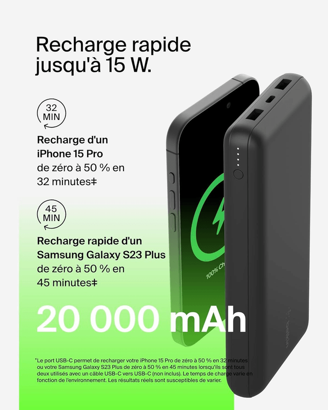 Belkin BoostCharge Pro – Batterie Externe 20 000 mAh + Chargeur Secteur 25 W + Câble USB-C 60 W & Pochette de Transport