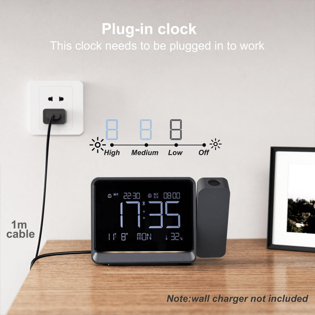 Horloge de Projection Numérique 180° – Double Alarme, Température, Bluetooth & Fonction Snooze