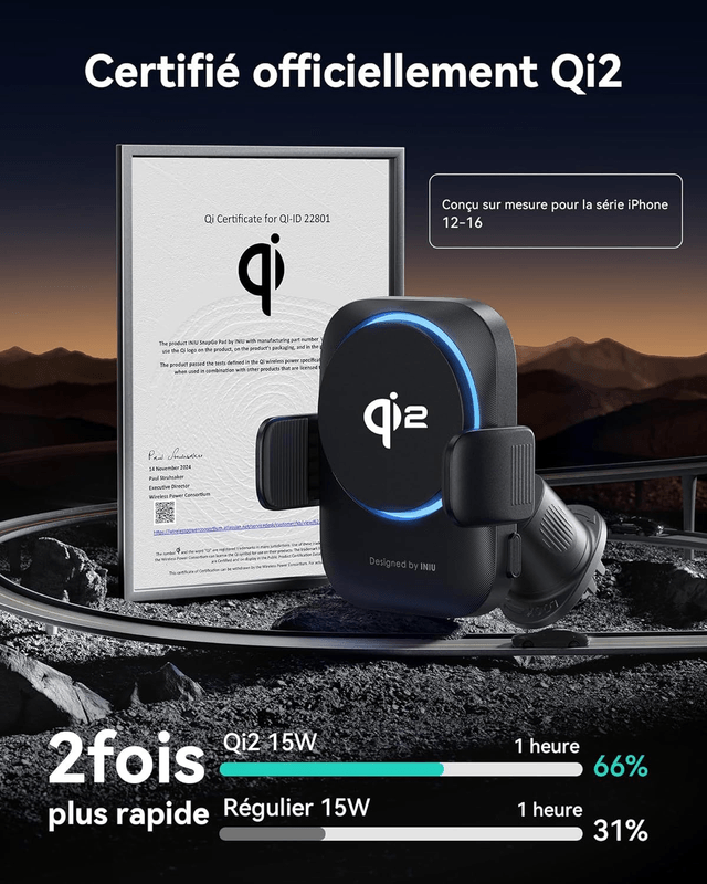 INIU Support Téléphone Voiture Qi2 15W MagSafe avec Ventilateur & LED