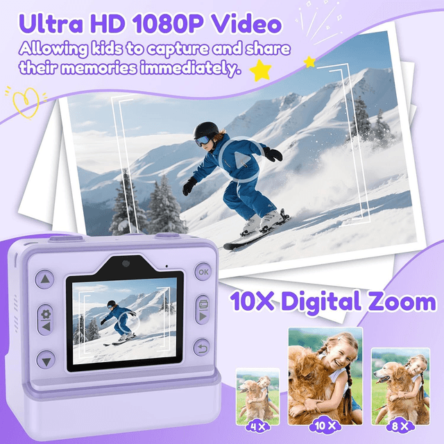 Caméra Photo Instantanée Enfant VSTEXN – 1080p, 48MP, Impression Thermique + SD 32Go & 3 Rouleaux Papier (Violet)