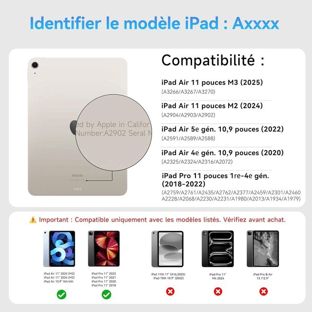 Étui Clavier Magnétique pour iPad Air 11" / iPad Pro 11" (2025–2018) – AZERTY, Smart Folio Ultra-Mince, Noir