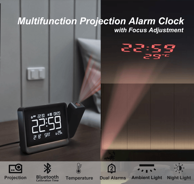 Horloge de Projection Numérique 180° – Double Alarme, Température, Bluetooth & Fonction Snooze