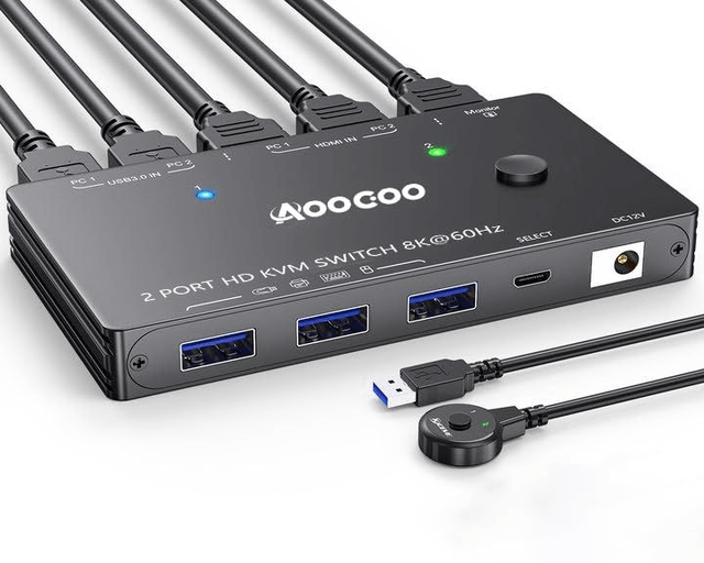 Commutateur KVM HDMI 8K ACOCOO – Double PC avec USB 3.0 & Câble d’Alimentation Inclus