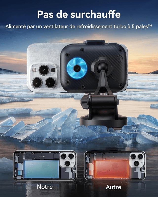 INIU Support Téléphone Voiture Qi2 15W MagSafe avec Ventilateur & LED