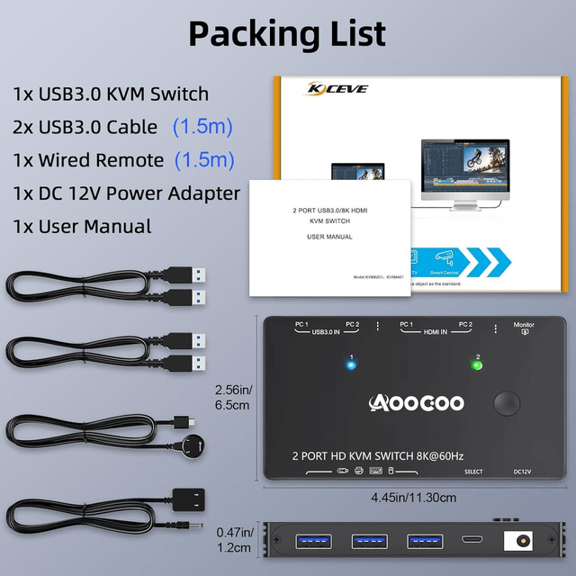 Commutateur KVM HDMI 8K ACOCOO – Double PC avec USB 3.0 & Câble d’Alimentation Inclus