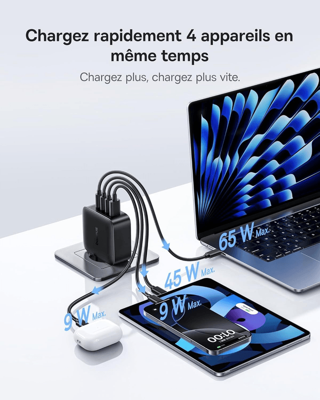 Baseus GaN5 Pro 140W – Chargeur Rapide PPS 4 Ports (3×USB-C + 1×USB-A) pour MacBook, iPhone, Galaxy & iPad