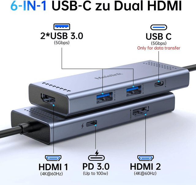 Hub USB-C 6-en-1 Melelink – Adaptateur Multiports avec HDMI 4K, 3 USB 3.0 et Charge Rapide 100W PD pour MacBook, Dell, HP, Lenovo