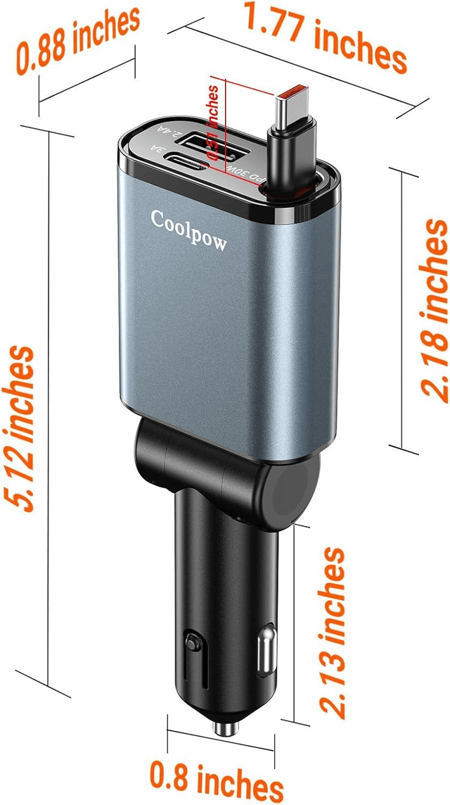 Chargeur Voiture Rétractable USB-C/USB-A – Charge Rapide 45W Coolpow (Allume-cigare)