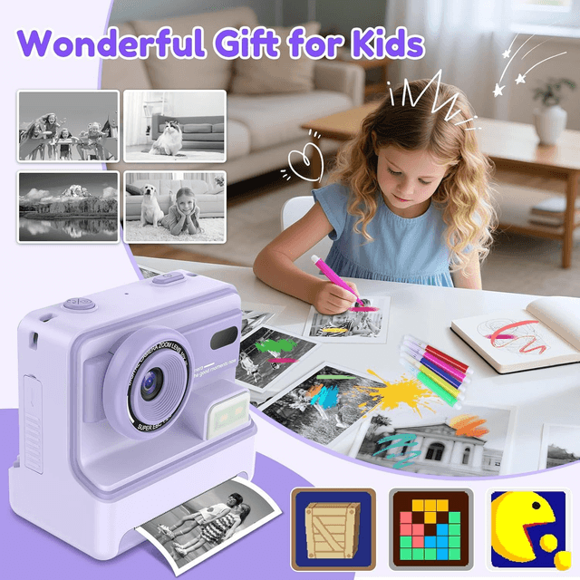 Caméra Photo Instantanée Enfant VSTEXN – 1080p, 48MP, Impression Thermique + SD 32Go & 3 Rouleaux Papier (Violet)