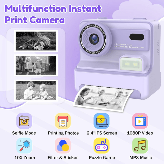 Caméra Photo Instantanée Enfant VSTEXN – 1080p, 48MP, Impression Thermique + SD 32Go & 3 Rouleaux Papier (Violet)