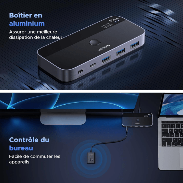 UGREEN KVM Switch USB 3.0 – Partage Clavier, Souris & Fichiers entre 2 PC avec Câbles Inclus